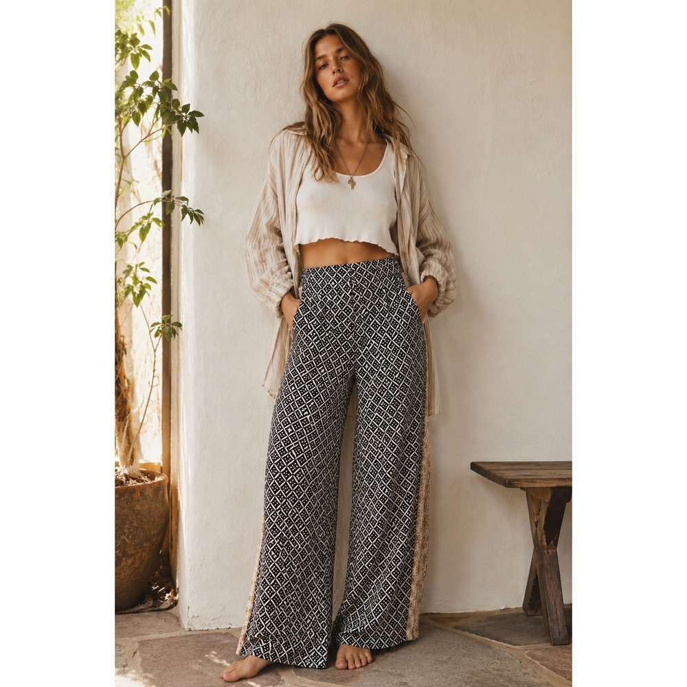 Ella Moss Wide Leg Palazzo Pants Women's Small Black White Geometric Print Boho